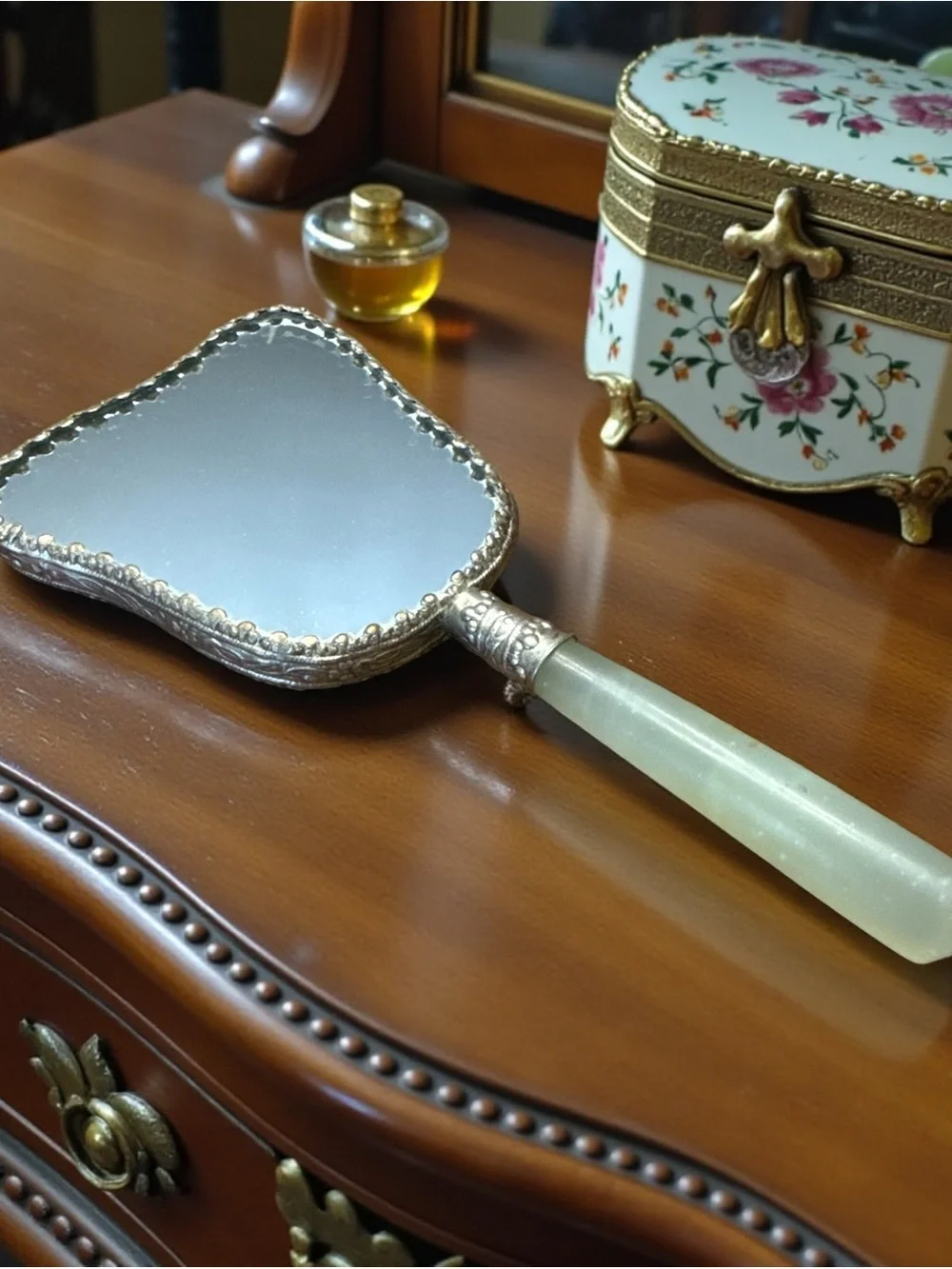 MCM Ornate Silver Floral Hand Mirror with Jade Handle